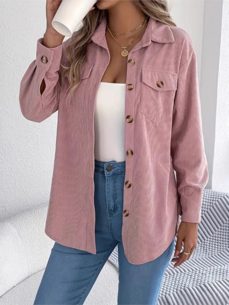 Veste en velours côtelé à manches longues pour femme, élégante, simple boutonnage, couleur unie, chemise ample et décontractée, nouvelle mode, manteau supérieur noir, vêtements pour femmes