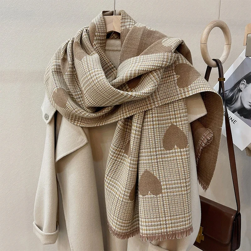 Double face Imitation cachemire écharpe hiver femmes amour coeur Plaid dames longue épaissie chaud tricoté écharpe Hijab étole