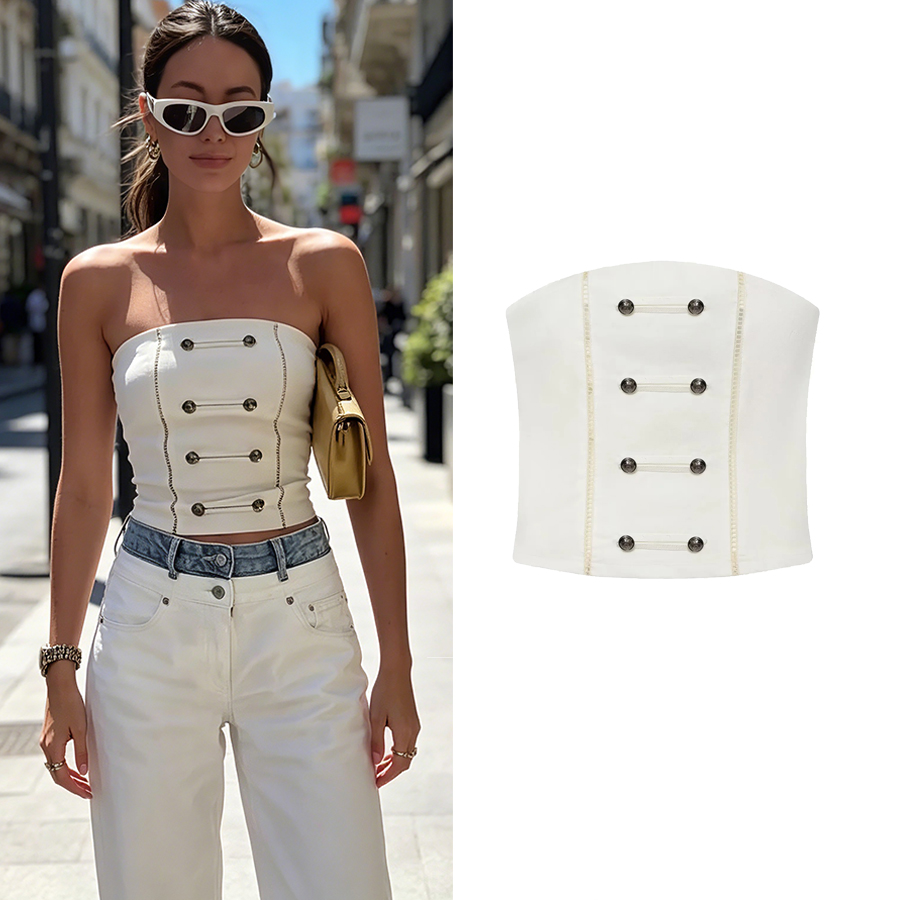 Tenue d'été pour femmes, haut chic avec boutons métalliques, décoration à double boutonnage, style vintage décontracté pour femmes