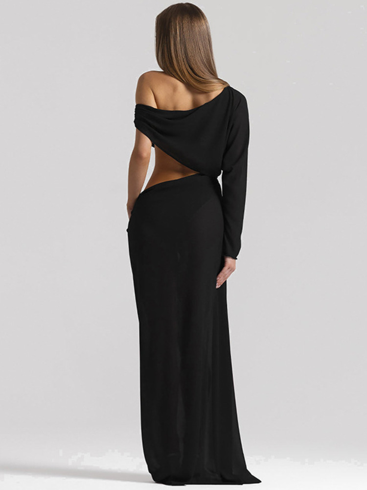 Robe longue maxi Sibybo sexy en mousseline transparente à col asymétrique pour femme, unie, ajourée, drapée, moulante, élégante pour soirée et fête
