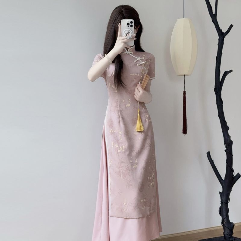 Robe pour femmes, style chinois, cheongsam amélioré, manches courtes, robe mi-longue