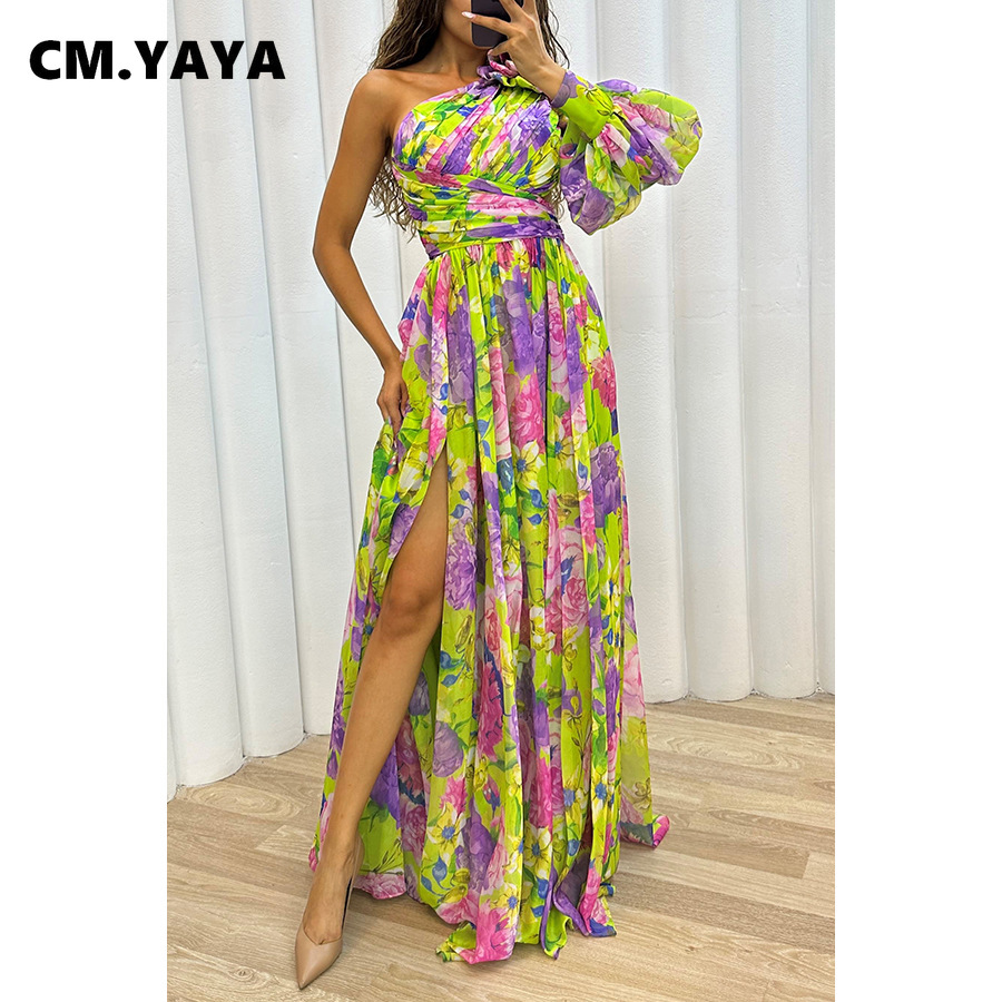 CM.YAYA femmes imprimé fleuri une manches longues haute fente a-ligne en mousseline de soie Maxi longue robe 2025 vacances anniversaire plage Boho robes