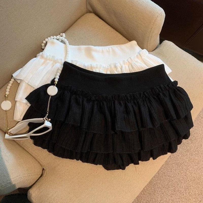 Jupe courte d'été pour femmes, blanc et noir, mode coréenne, taille élastique, Tutu, à volants, ligne a, Mini jupe gâteau plissée