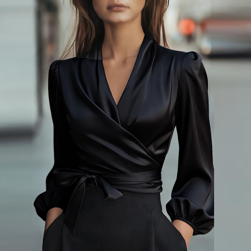 Sexy col en V froncé Blouse chemise à manches longues Satin solide élégant bureau montre de sport chemise femmes mode printemps automne à lacets hauts