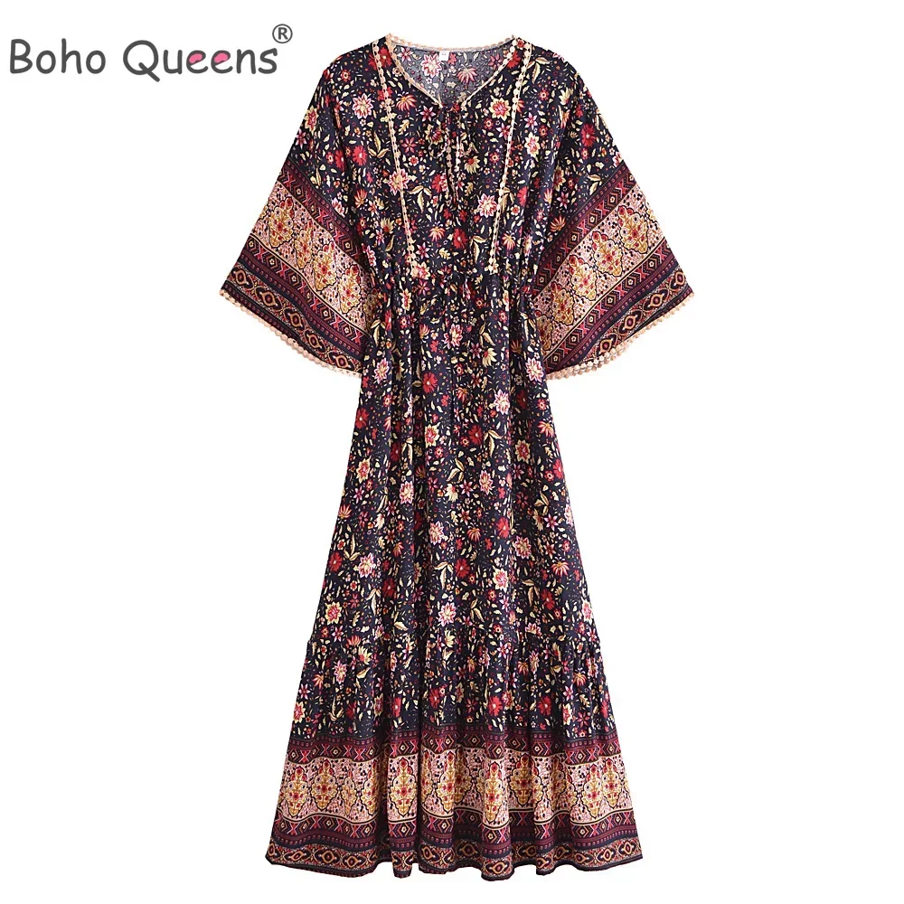 Robe maxi bohème à manches chauve-souris pour femmes, imprimé floral noir, robe de plage pour dames, robe éducative, dîner Boho, mode d'été