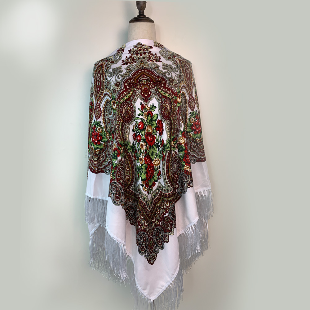 Foulard Carré de Luxe à Imprimé Floral pour Femme, Style Russe, Châle Traditionnel à Franges, Bandana, 160x160cm