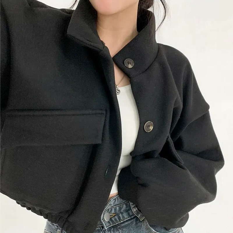 Manteau court en laine coréen pour femme, col montant, simple boutonnage, coupe ample, décontracté, minimaliste, veste élégante