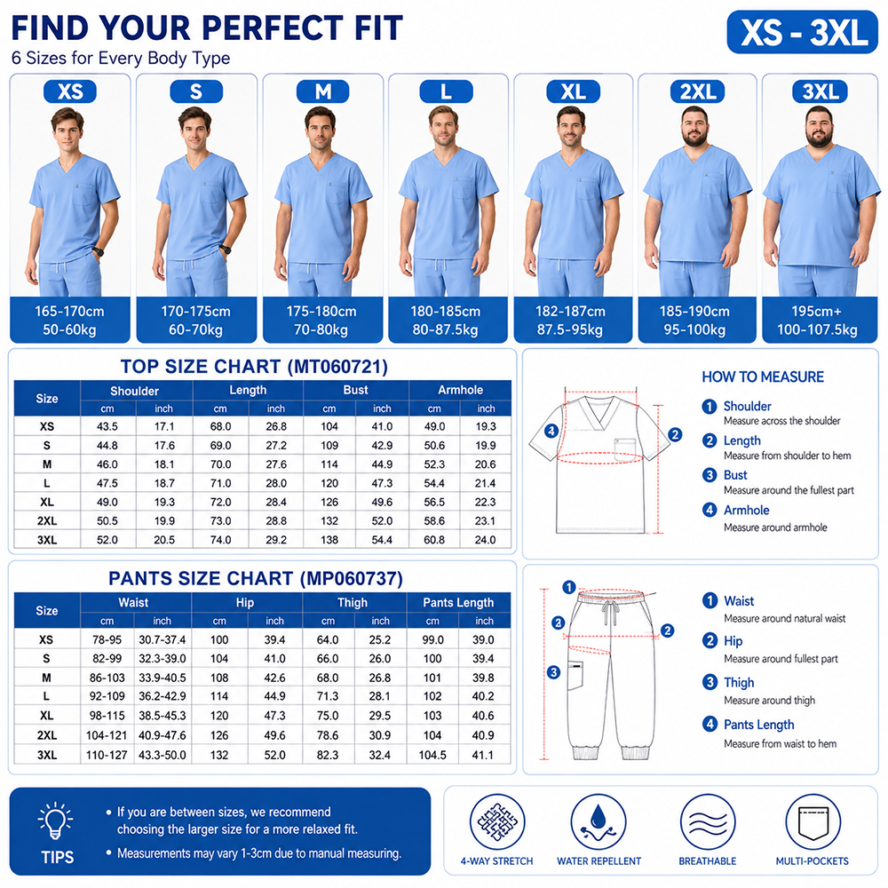 Tenue chirurgicale KUNGFU SCRUBS pour hommes – Ensemble de blouses et pantalons médicaux doux, confortables et antibactériens pour le personnel de santé