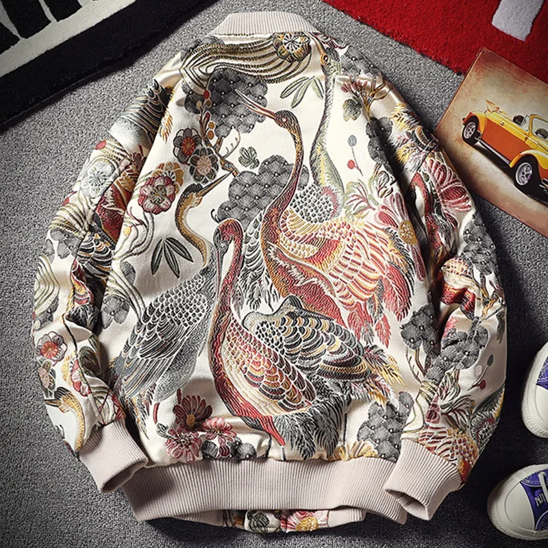 Blouson aviateur brodé floral et grue de style japonais pour hommes, col montant, streetwear universitaire, vestes de baseball, manteau d'automne