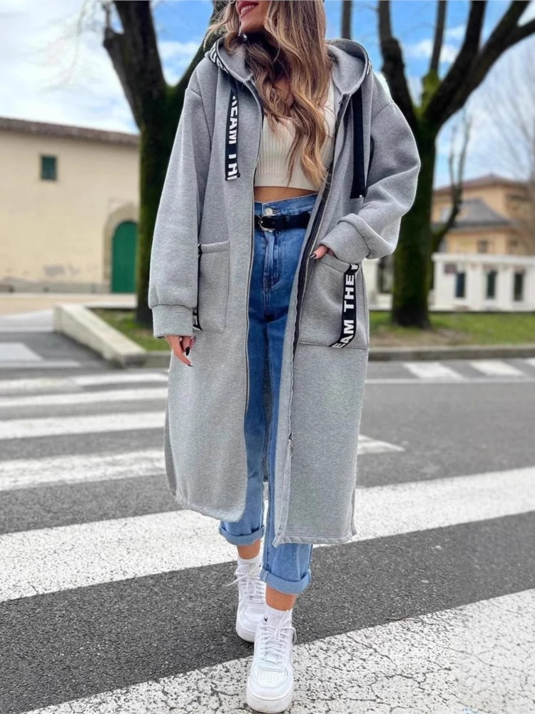Sweat-shirt décontracté pour femme, manteau à capuche, ample, Long, épissure, manteaux décontractés à fermeture éclair, poche, vêtements d'extérieur, veste solide, automne hiver