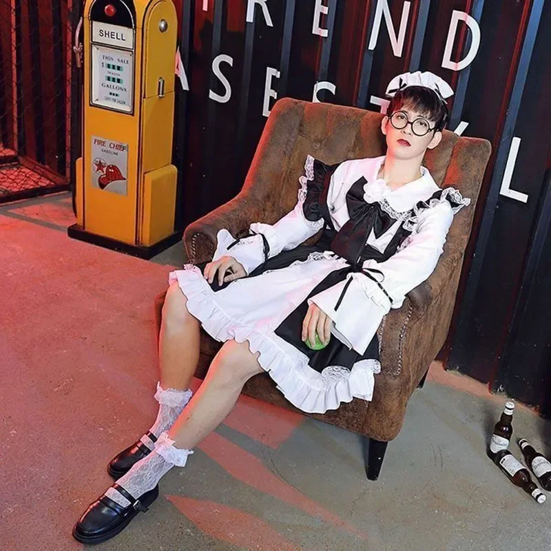 Tenue de femme de chambre Lolita Cosplay pour hommes et femmes, costume mignon, uniforme noir et blanc, robe tablier, nœud mignon, Mucama, Sexy 7.0 Kawaii 73