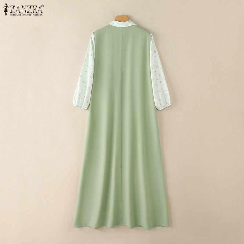 ZANZEA – Abaya pour femmes musulmanes, robe longue maxi, demi-boutons, col à revers, manches bouffantes, patchwork, mode islamique modeste, robes femme