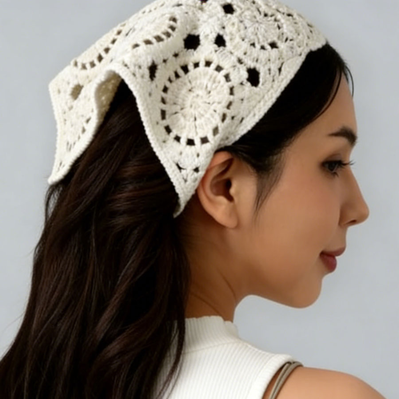 Foulard triangulaire en crochet pour femme, fait main, en dentelle, style japonais, tricoté ajouré, style champêtre doux, accessoires pour cheveux