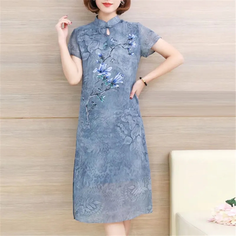 Robe longue en mousseline de soie pour mère, robes Cheongsam, robe éducative, grande taille, 4XL, femme d'âge moyen, noble, mode, nouveau, été, 5XL