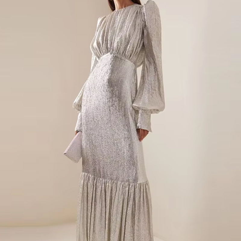 Robe décontractée à manches lanternes, robes de fête, robe plissée à col rond pour femme, robe de soirée élégante à taille haute pour l'été