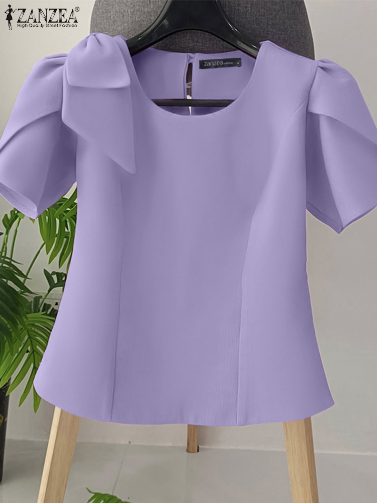 Femmes Blouse ZANZEA élégant bureau dame été manches courtes bouffantes nœud mode chemises 2025 décontracté couleur unie hauts tunique Blusas