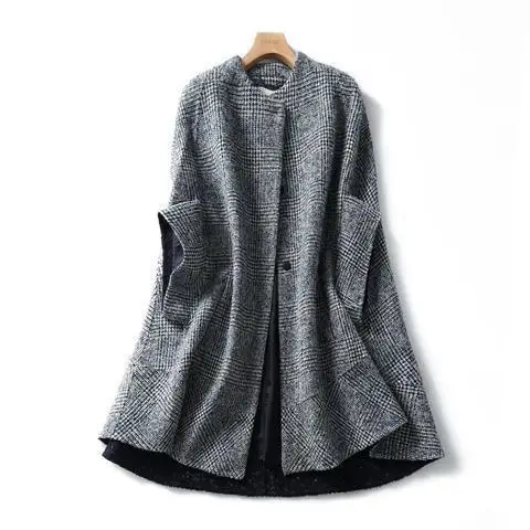 Cardigan mi-long à carreaux à col rond pour femmes, optique coréenne, mélange de laine, point ouvert, manches longues, décontracté, automne, hiver, 2023