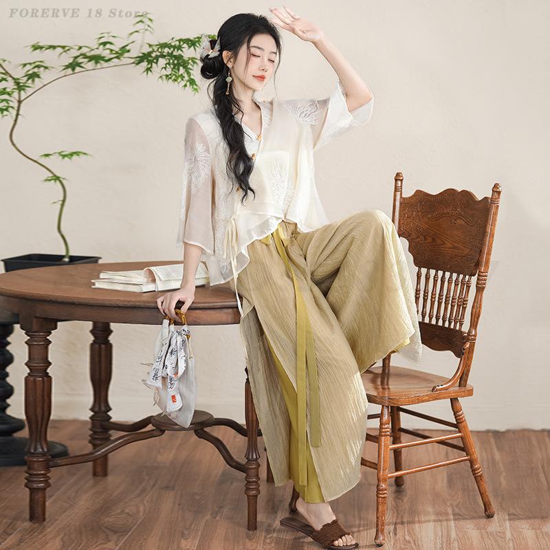 Vêtements de style ethnique chinois pour femmes, olympiques élégants, ensemble de thé du Vermont, chemise à manches courtes, Hanfu traditionnel vintage, printemps et été