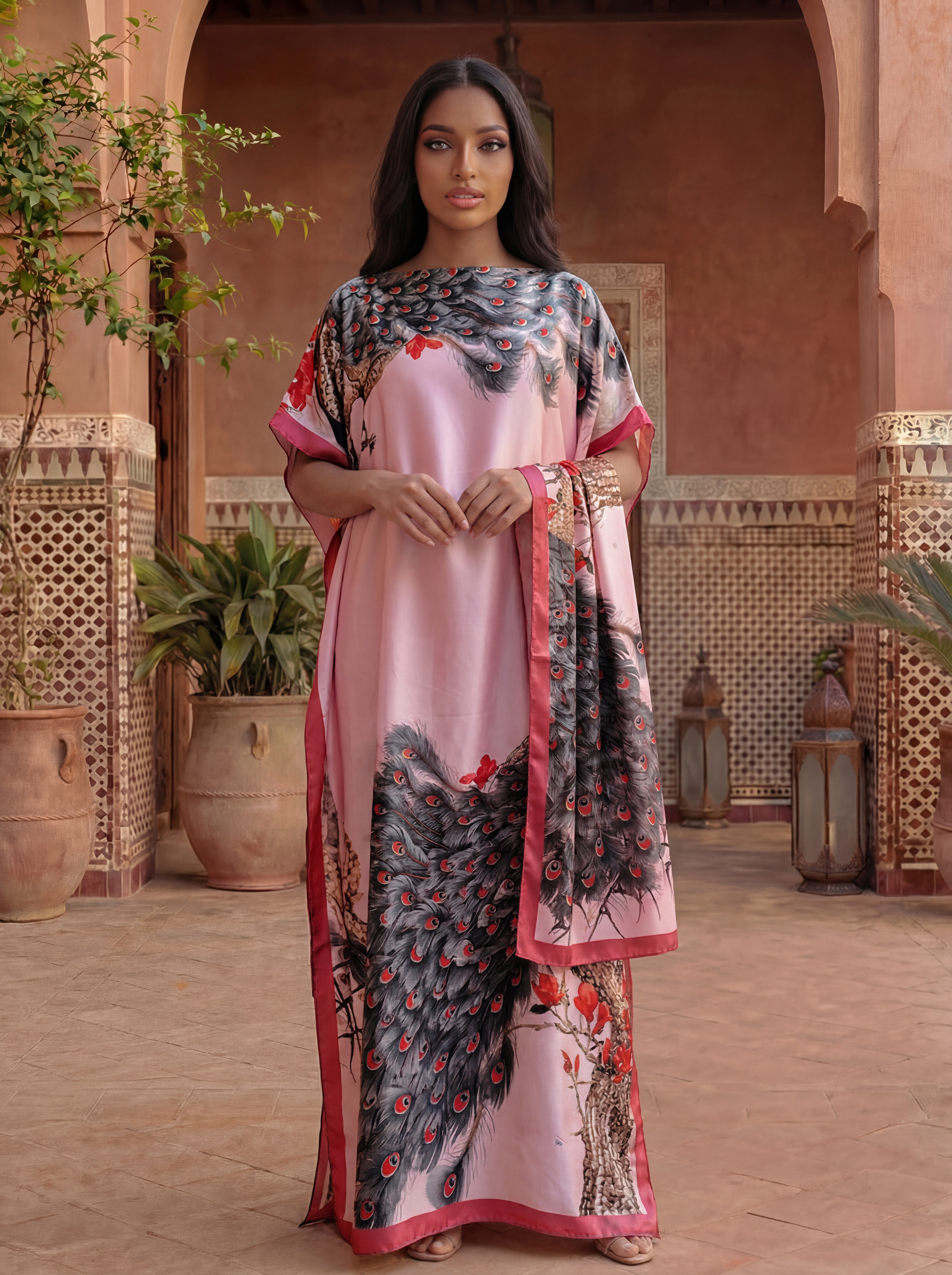 Abaya imprimée pour femmes africaines avec foulard - Robe maxi kaftan ample style Dubaï à col bateau et manches chauve-souris