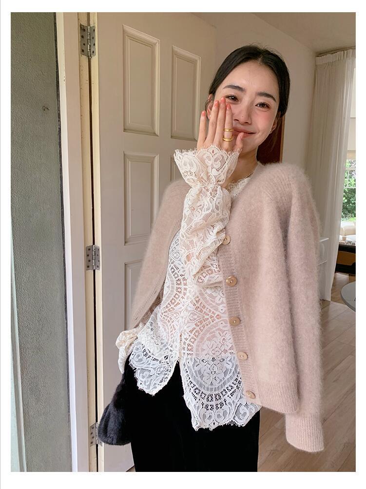 Chemise élégante à base de dentelle avec col en v pour hauts à manches longues pour femmes au printemps et en automne