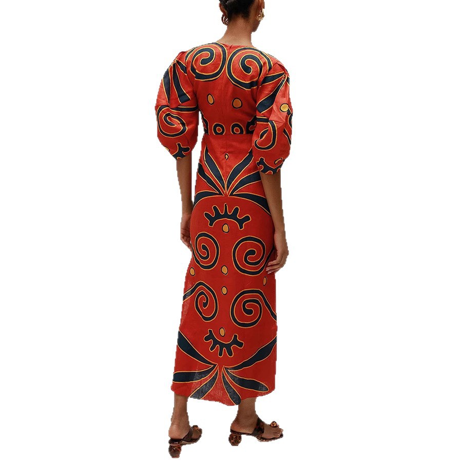 Femmes mode lin matériel mode Chic imprimer longues Robes de soirée Sexy col en v évider taille haute robe de soirée dame Robes