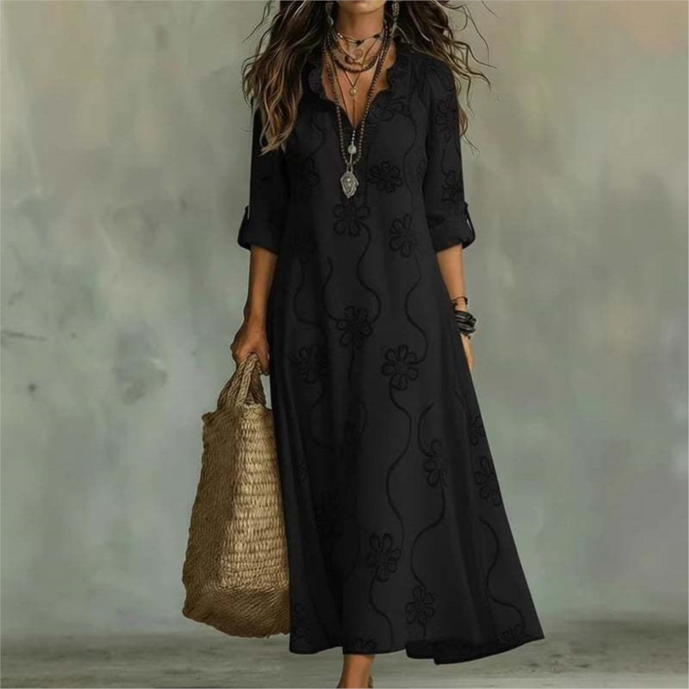 Robe longue à imprimé numérique tendance, coupe ample et style simple, avec manches mi-longues, col à oreilles en bois et taille cintrée.
