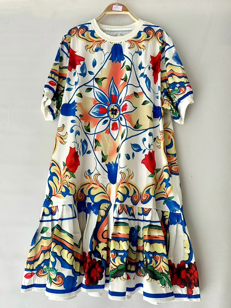 Mode élégante impression géométrique à manches courtes robe ample été femmes nouveau tempérament décontracté courte jupe droite