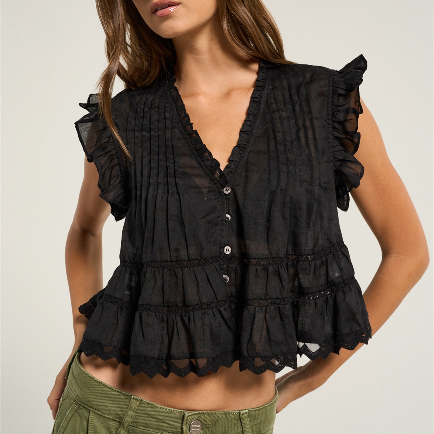 Chemisier Femme à Col V et Manches Volantées avec Dentelle, Boutons sur le Devant, Top Court Transparent Brodé à Motifs, Chemise Décontractée d'Été Style Streetwear
