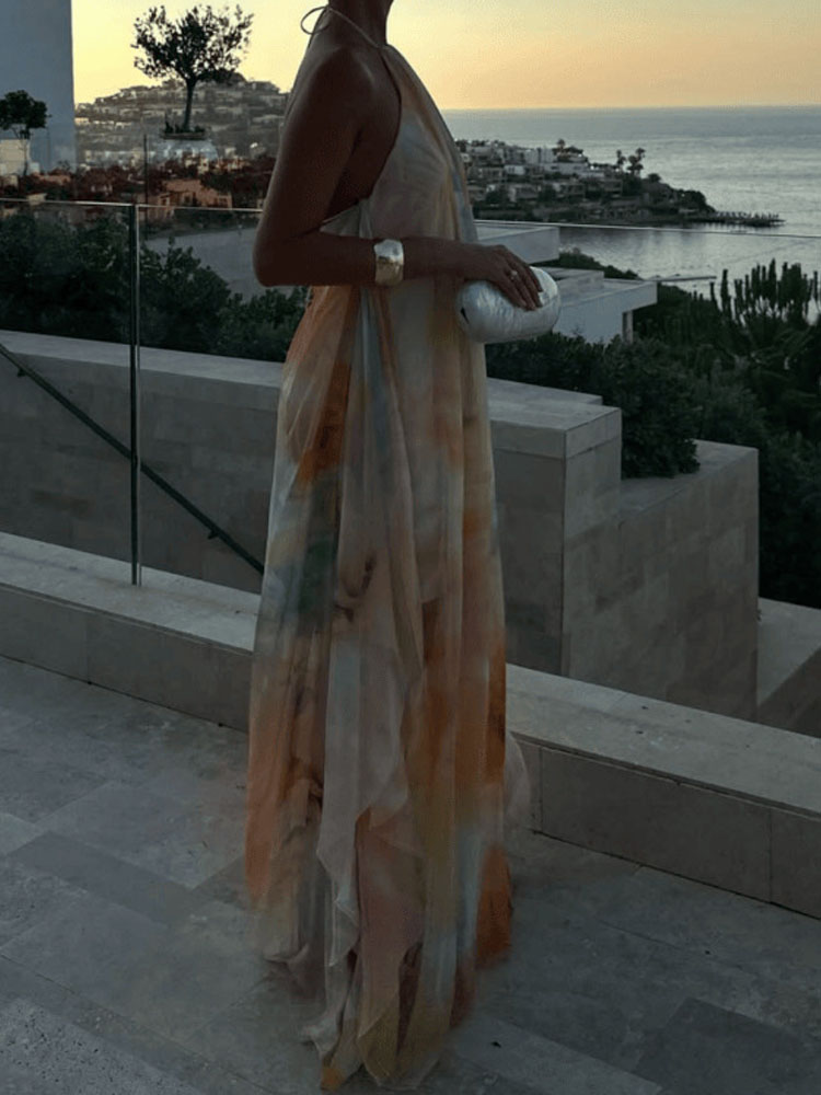 Robe bohème ample imprimée pour femmes, motif à la mode, Sexy, dos nu, ajourée, robe de soirée élégante, col licou, sans manches, longue robe de vacances