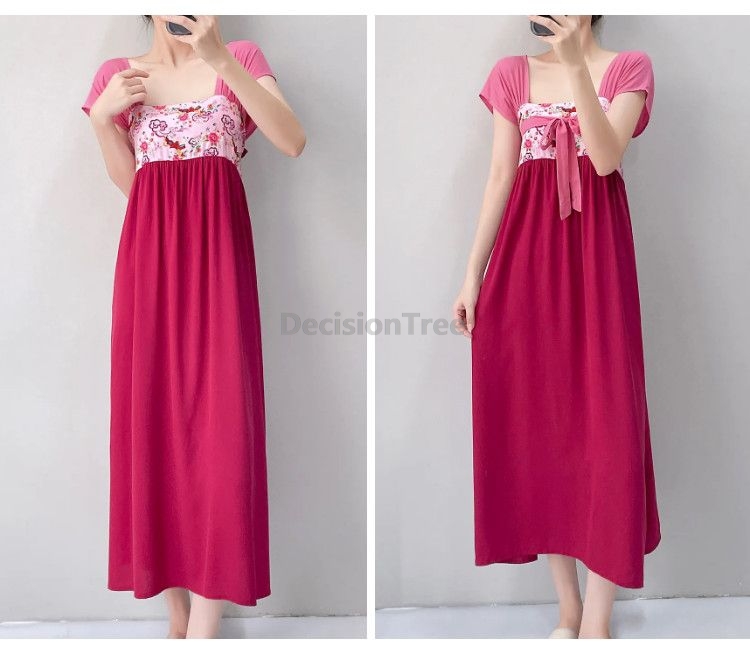 Robe longue élégante en satin à imprimé floral pour femme, style décontracté, manches courtes, coupe ample, vêtement de style chinois, tenue quotidienne, vêtement d'intérieur