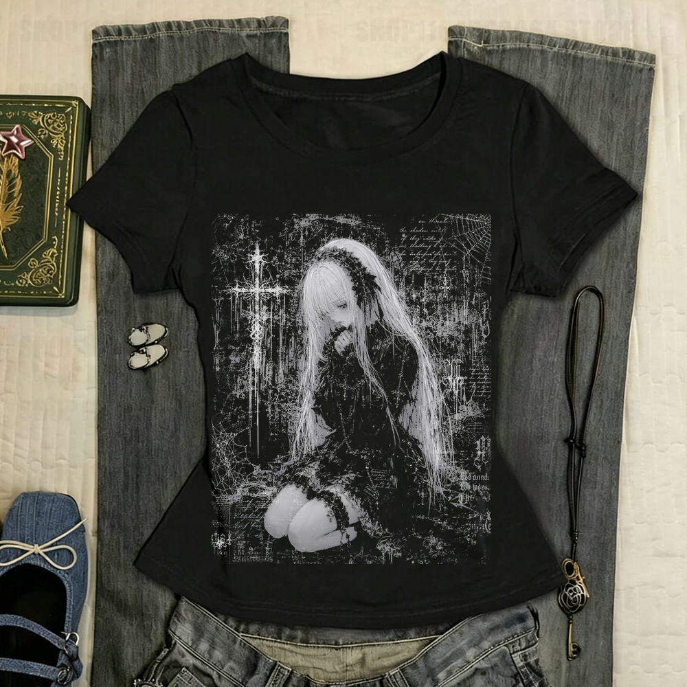 Vêtements Gothiques pour Femme : T-shirts Graphiques Y2K, Hauts Féminins, T-shirts Imprimés Printemps 2026, Style Harajuku Star Girl Y2K Kpop