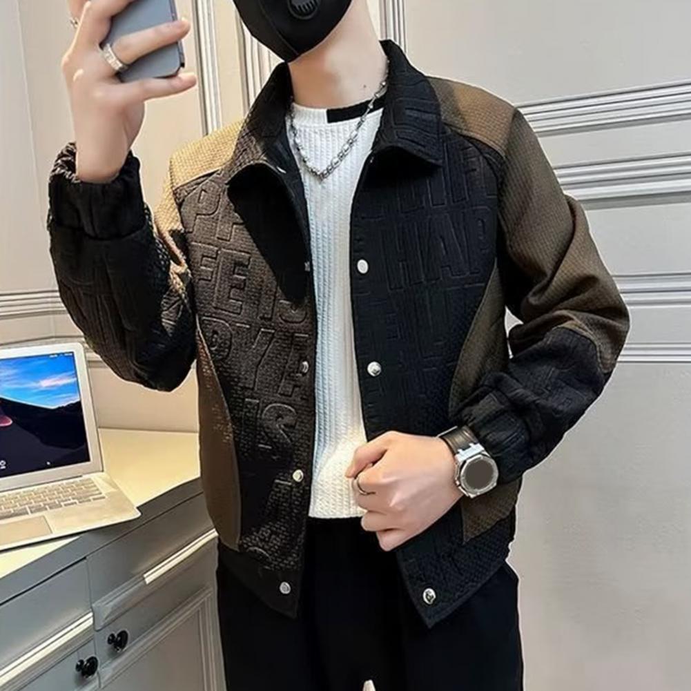 Veste à revers à manches longues pour hommes, manteau coupe-vent, conception bloquée par document, motif de lettres 3D, style hip hop