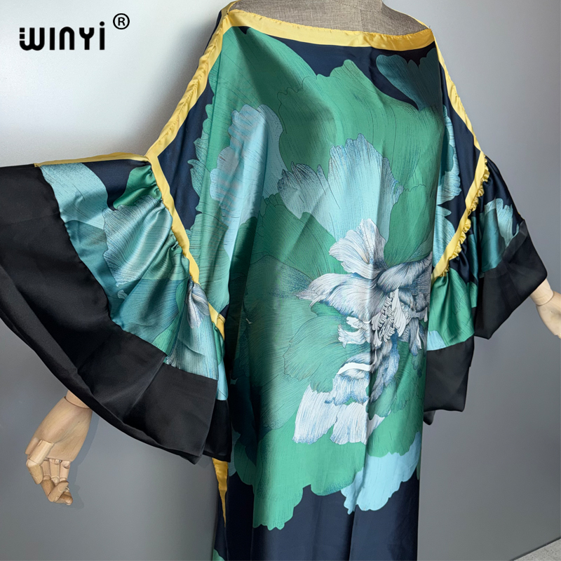 WINYI Robe de soirée d'été à manches bouffantes, Abaya de luxe de Dubaï, Kaftan ample imprimé pour femme, Vêtement musulman, Robe de plage