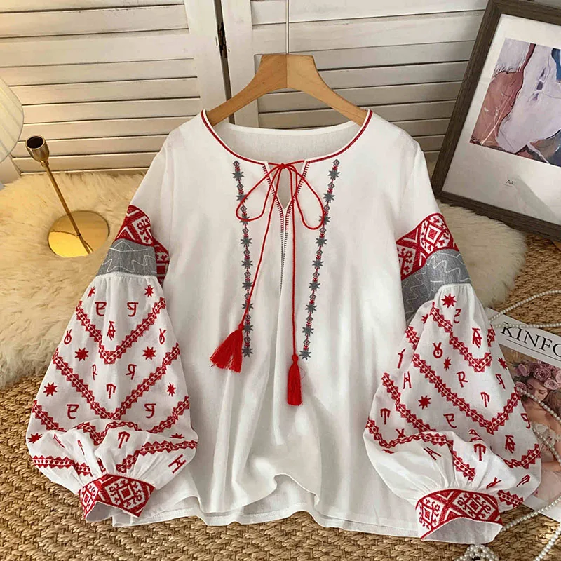 Nouvelle Blouse Bohème Brodé pour Femme, Col en V, Nœud Papillon, Manches Lanterne, Printemps-Automne, Blusas Mujer, Hauts Féminins BL021