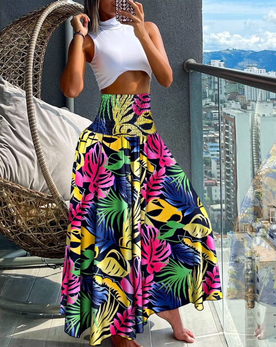 Jupe longue pour femme à taille haute et élastique, style bohème, imprimé géométrique, fluide, maxi, pour l'été et la plage