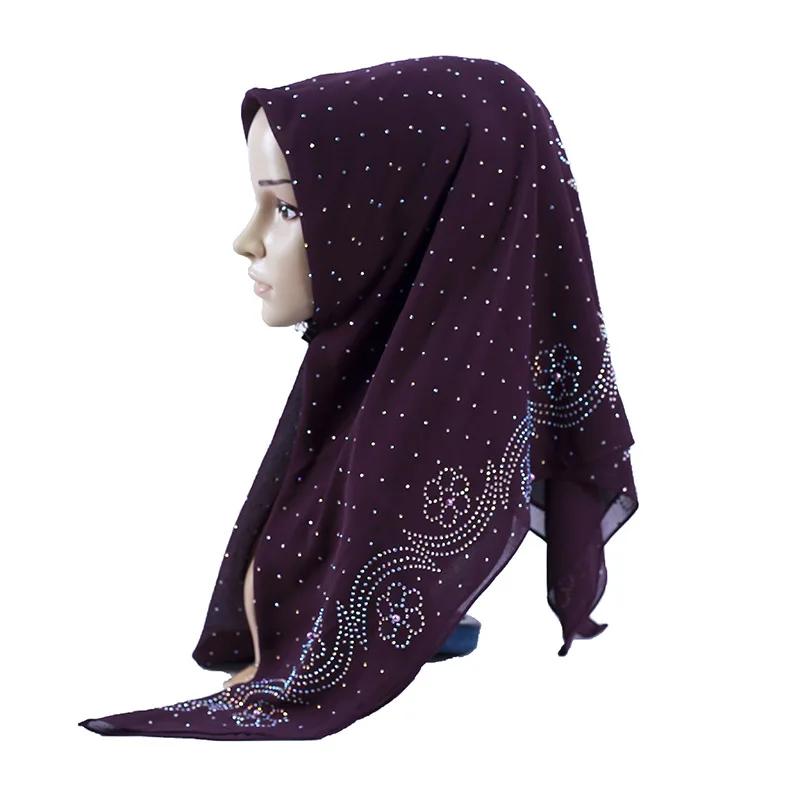 Foulard Carré Musulman Turc de Grande Taille pour Femme, Hijab en Mousseline de Soie Perlée, Châle Uni de Haute Qualité avec Strass Colorés