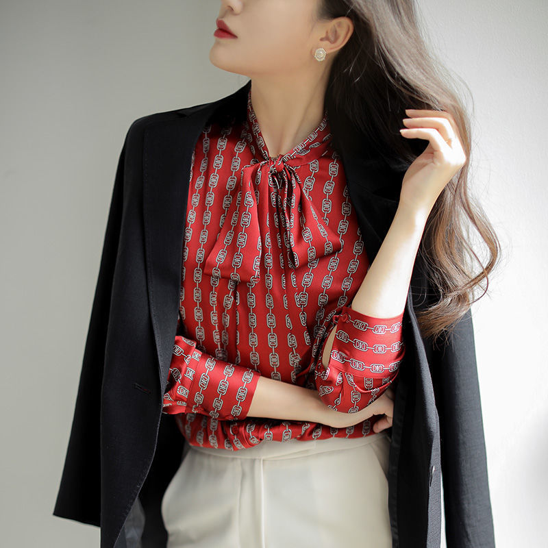 Chemisier vintage à manches longues pour femmes, chemise imprimée Harajuku, vêtements féminins élégants, col écharpe, décontracté, américains, mode, nouveau