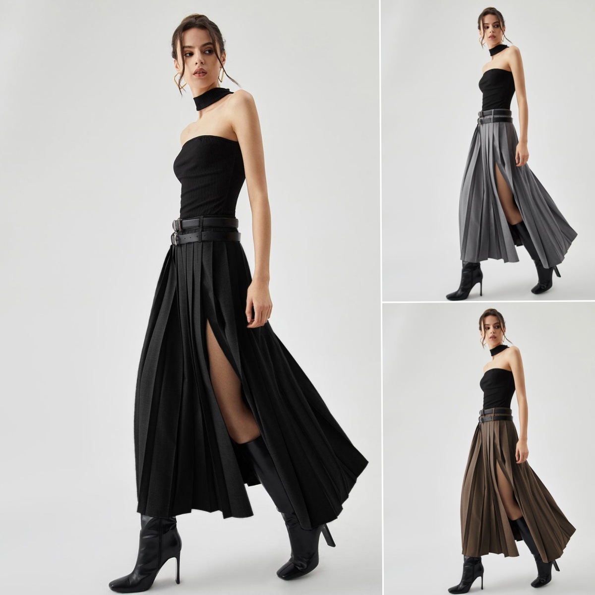 Jupes plissées pour femmes, costume gris, à la mode, taille haute, Slim, fente, jupe longue pour les déplacements, vêtements Y2k, nouvelle collection