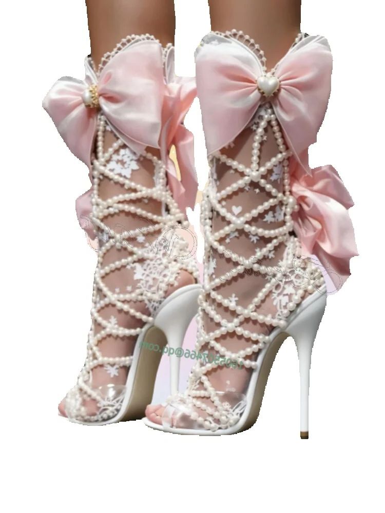 Bottes décoratives avec nœud papillon rose, chaussures avec chaîne de perles, bout rond, talons aiguilles, chaussures à talons hauts pour femmes, 2024 Zapatos Para Mujere