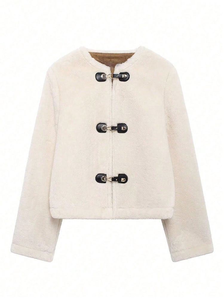 HH Manteau élégant pour femme à col rond et simple boutonnage, veste courte beige décontractée pour l'hiver et les vacances, vêtement d'extérieur à manches longues pour les soirées et la mode