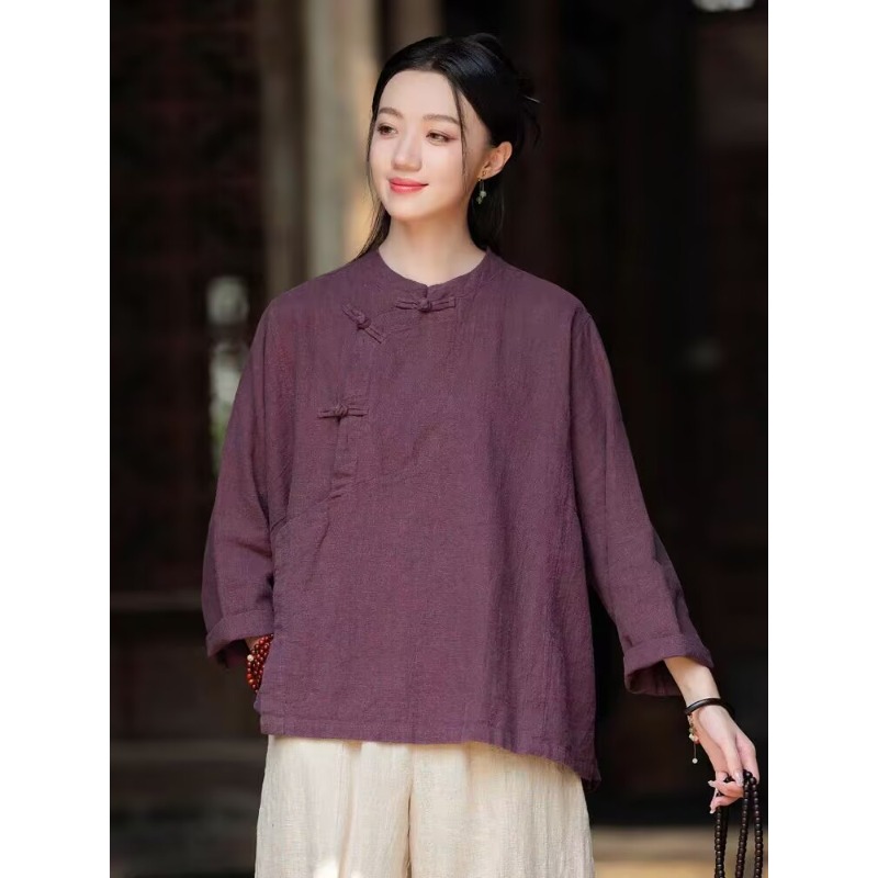 Ensemble de vêtements de Style chinois pour femmes, 2 pièces, en coton et lin, haut à manches longues, pantalon ample, rétro, patte diagonale, automne