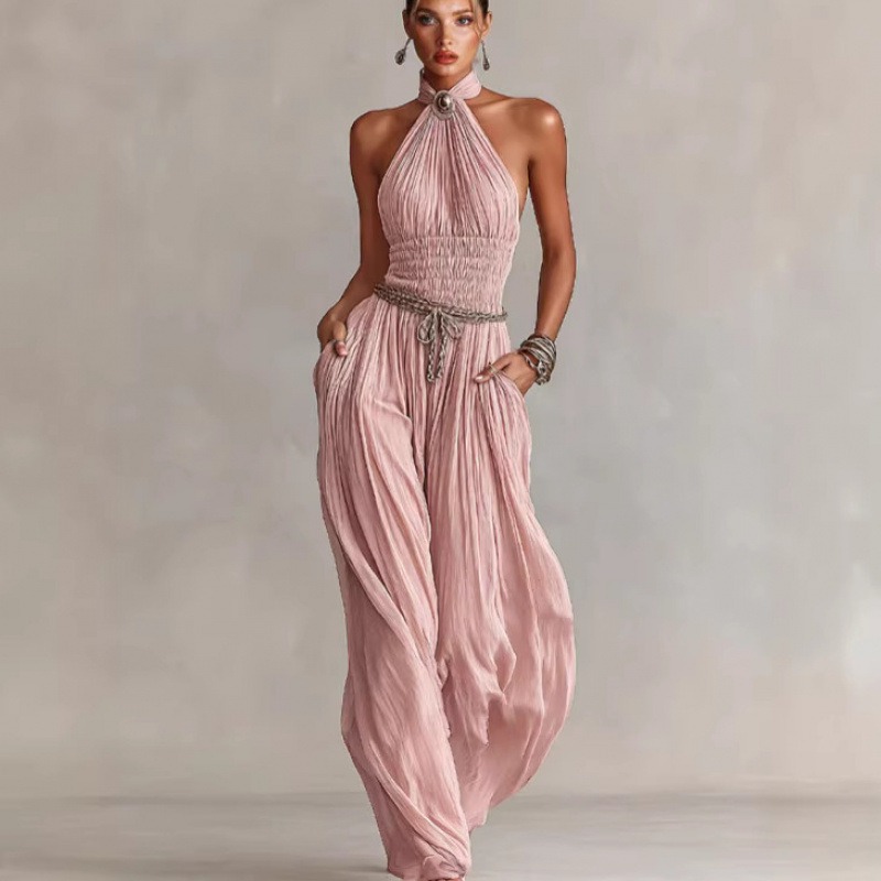 Combinaison ample pour femme style bohème, dos ouvert, smockée, texturée froissée, légère avec poches