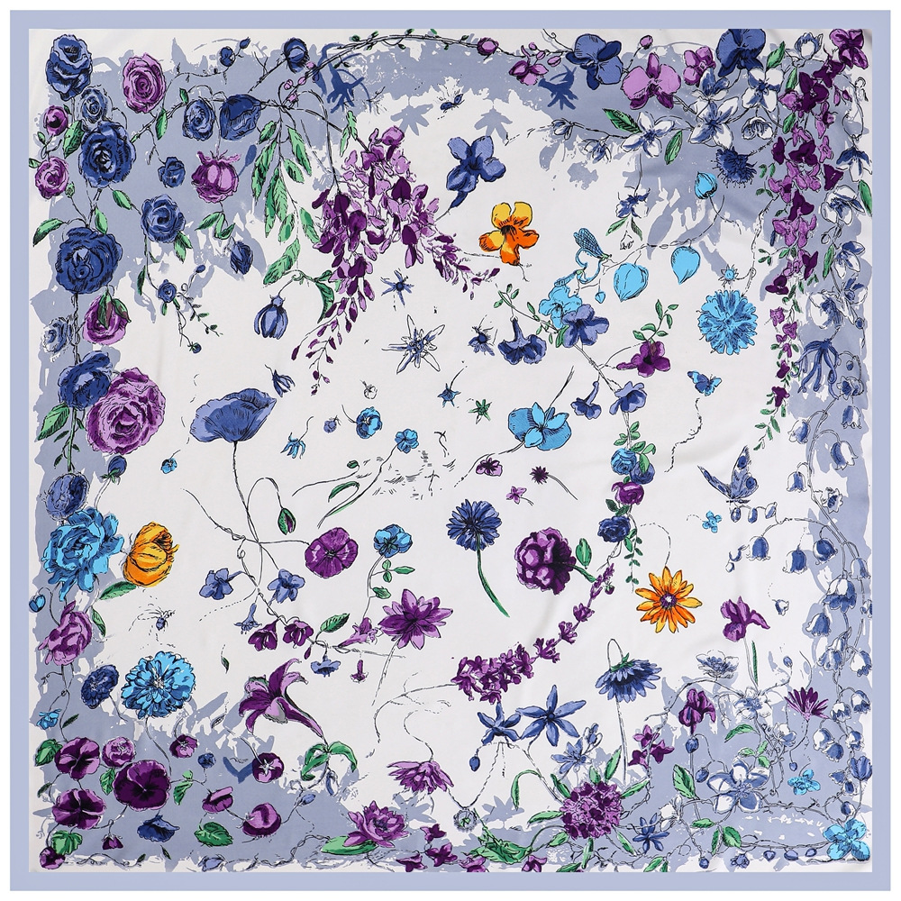 Foulard en Soie de Luxe 130x130cm pour Femme, Grand Châle Imprimé Fleurs, Écharpe Carrée, Bandana, Hijab, Foulards Féminins