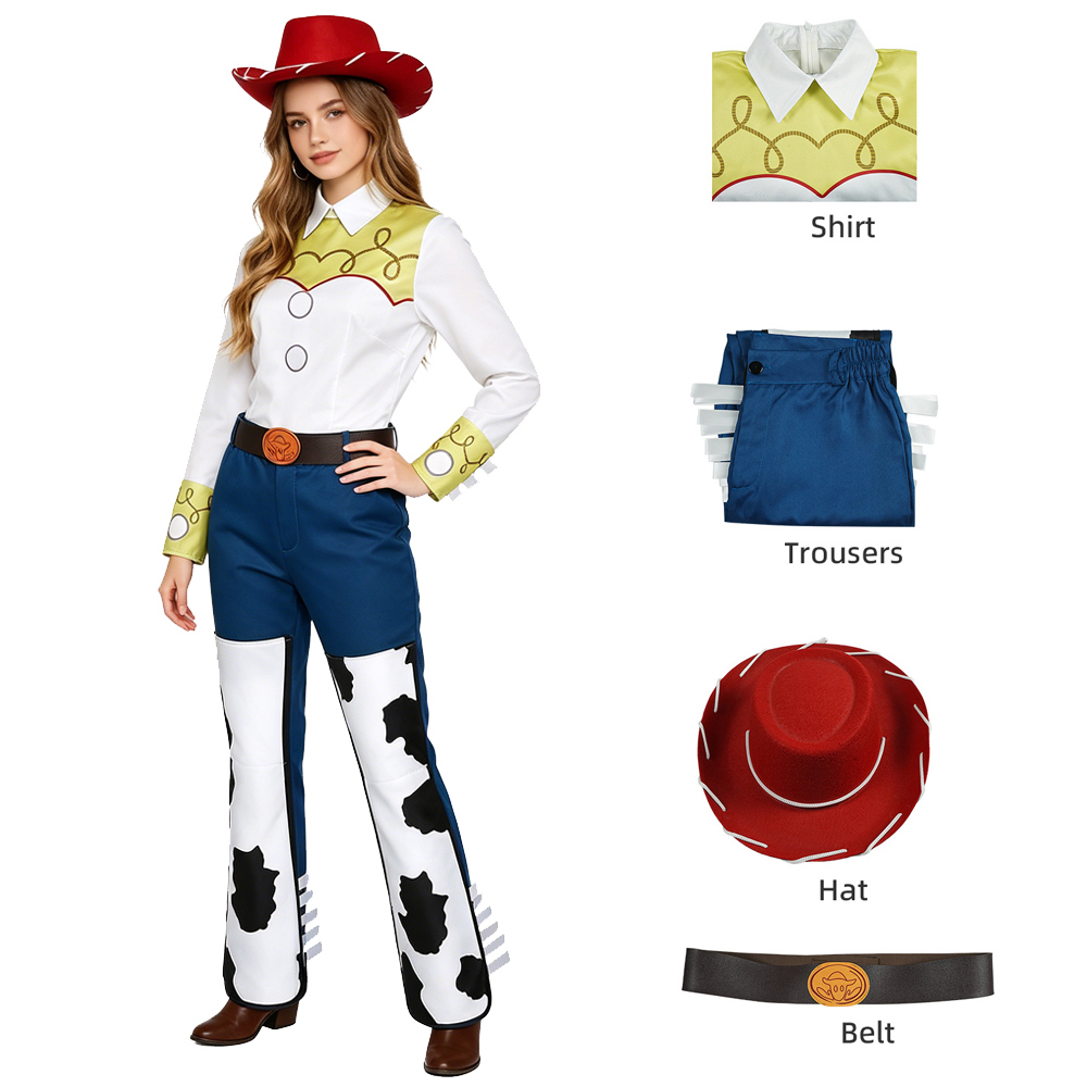 Costume de cowgirl Jessie pour femmes adultes, ensemble complet avec chapeau, tenue de cosplay de cowboy western, déguisement pour Halloween, carnaval, fête