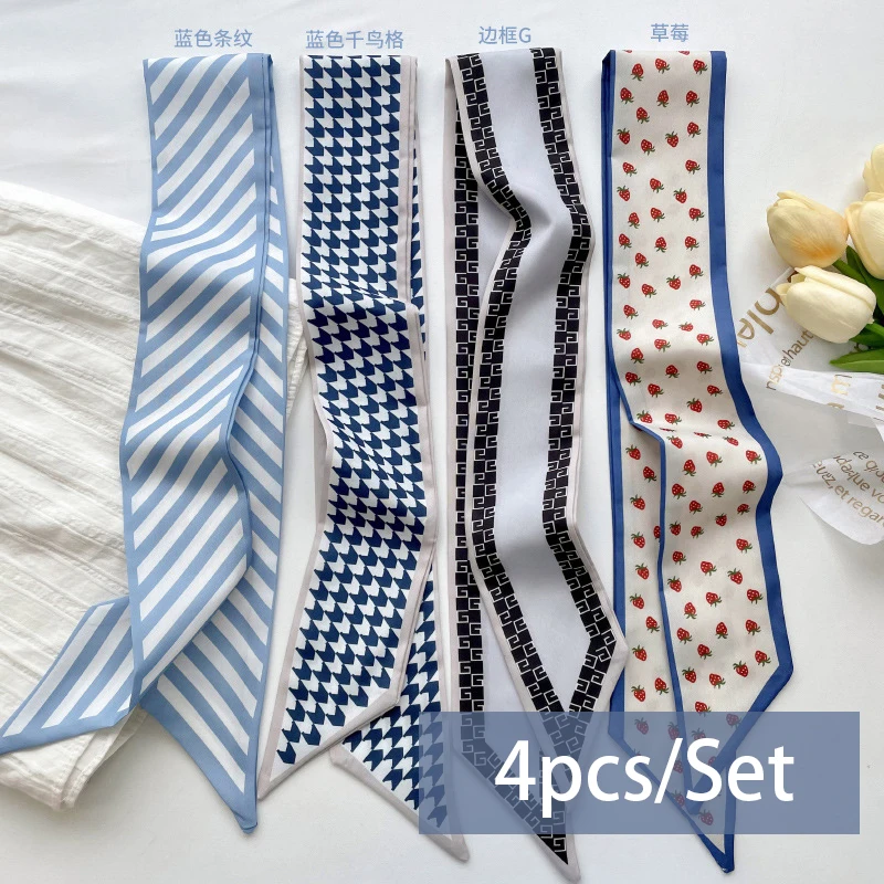 Foulard en Satin de soie pour femmes, série 4 pièces/ensemble, bandes de cheveux en tissu, accessoires de coiffure, foulards pour dames, attaches de cou en ruban pour poignée de sac