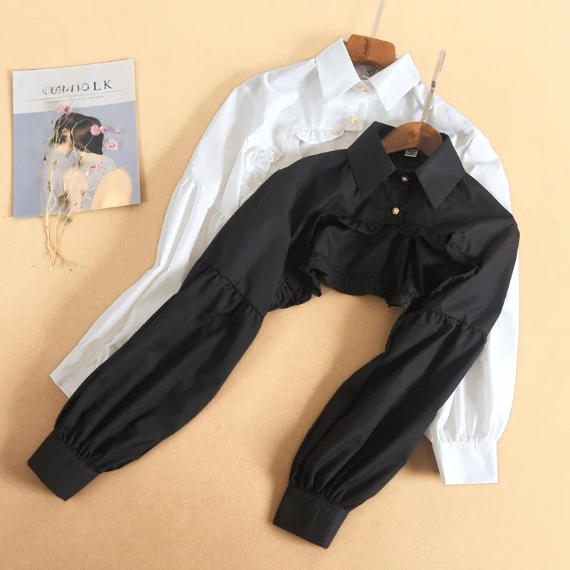 T-shirt manches longues bouffantes pour femmes, haut court, chemisier, bouton à volants, col étalé détachable, pull, accessoires décoratifs