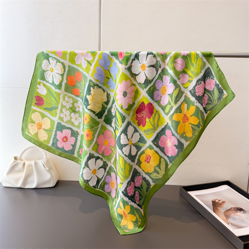 Écharpe carrée florale de luxe pour femmes, élégante, hijab, foulard, châle, en soie imitation douce et résistante aux taches, pour les voyages