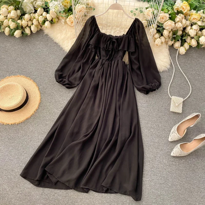 Robe Maxi élégante à col carré pour femmes, en mousseline de soie unie, manches bouffantes, Vintage, Robe de soirée de plage, à volants, Chic, Y2K