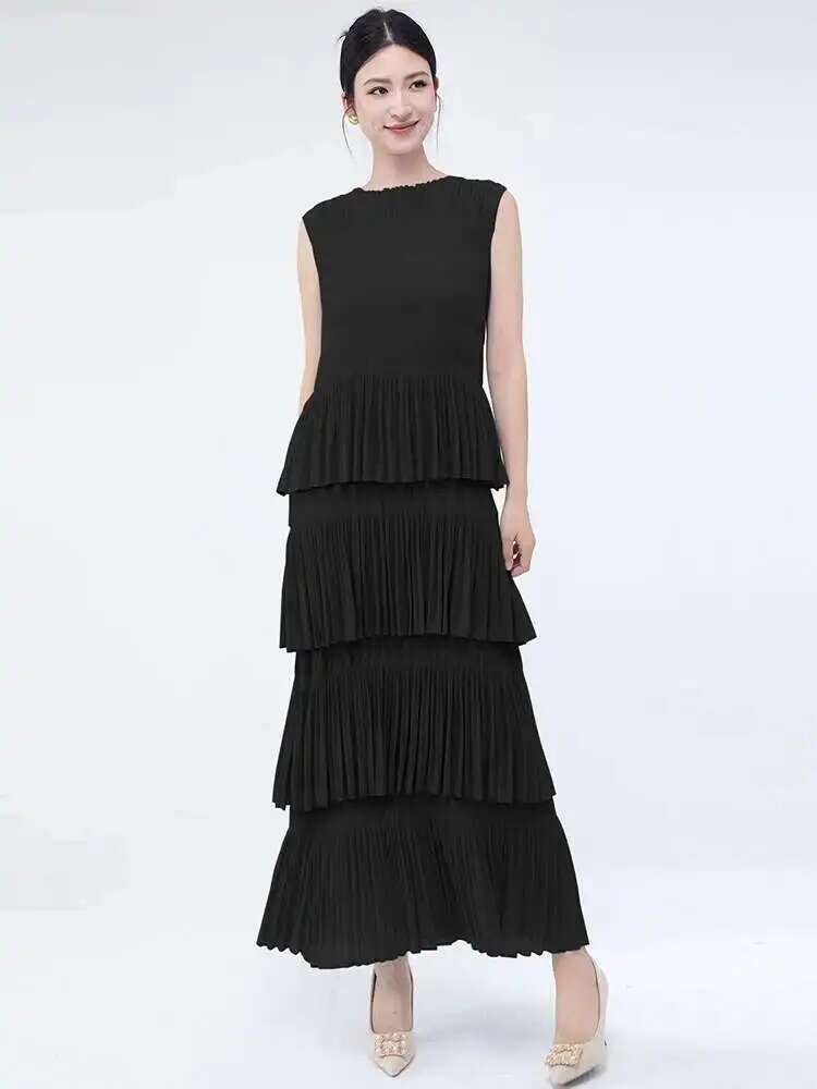 LANMREM-Robe gâteau plissée pour femmes, col rond, fibre, mode élégante, robes longues polyvalentes, été, nouveau, 2DEdisparies, 2025