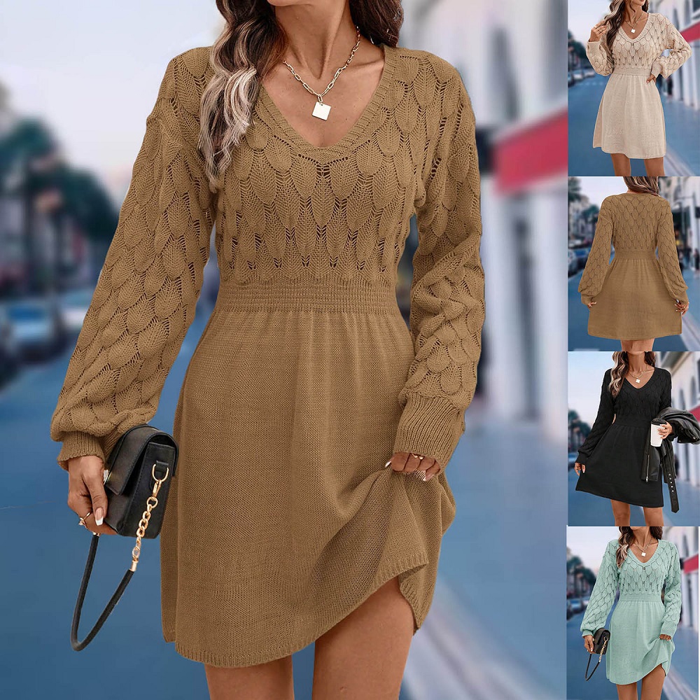 Femmes automne hiver pull robes col en v 3D Crochet tricoté longs pulls robe